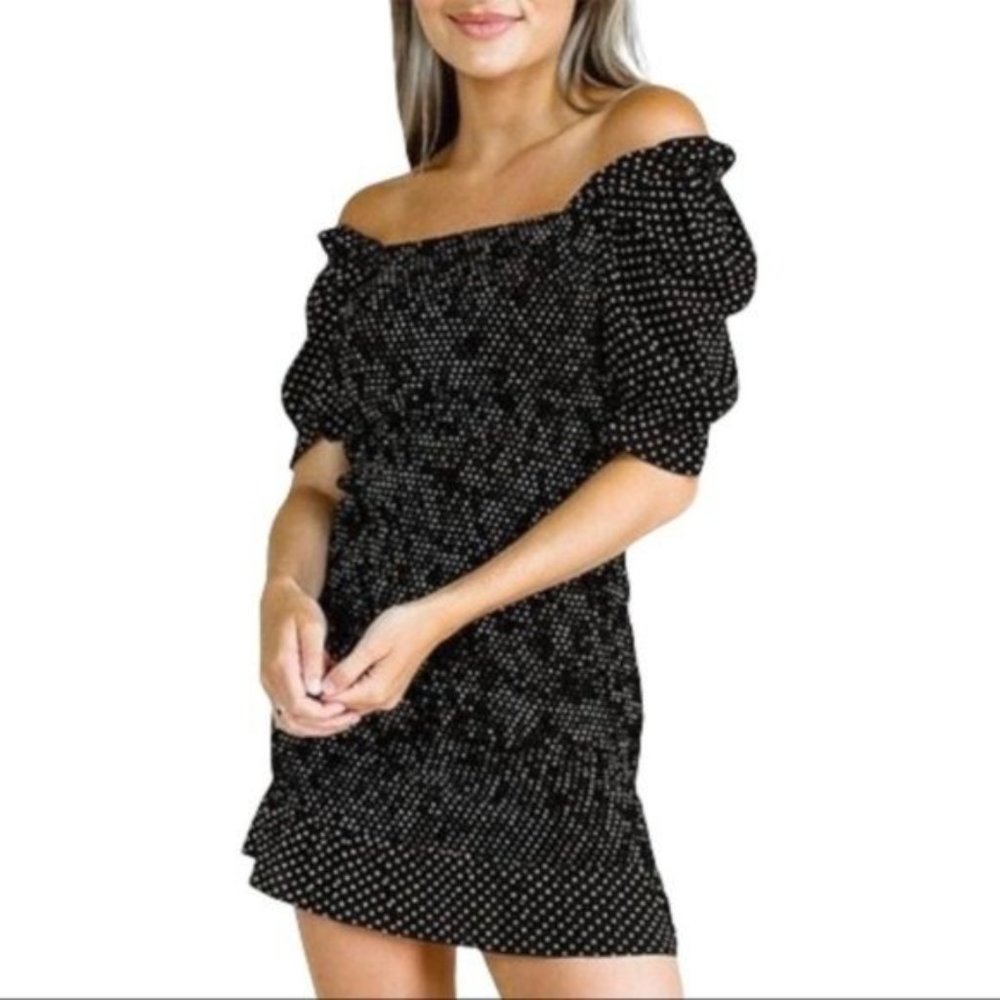 Kittenish Desi Smocked Puff Sleeve Polka Dot Black White Dress Size M